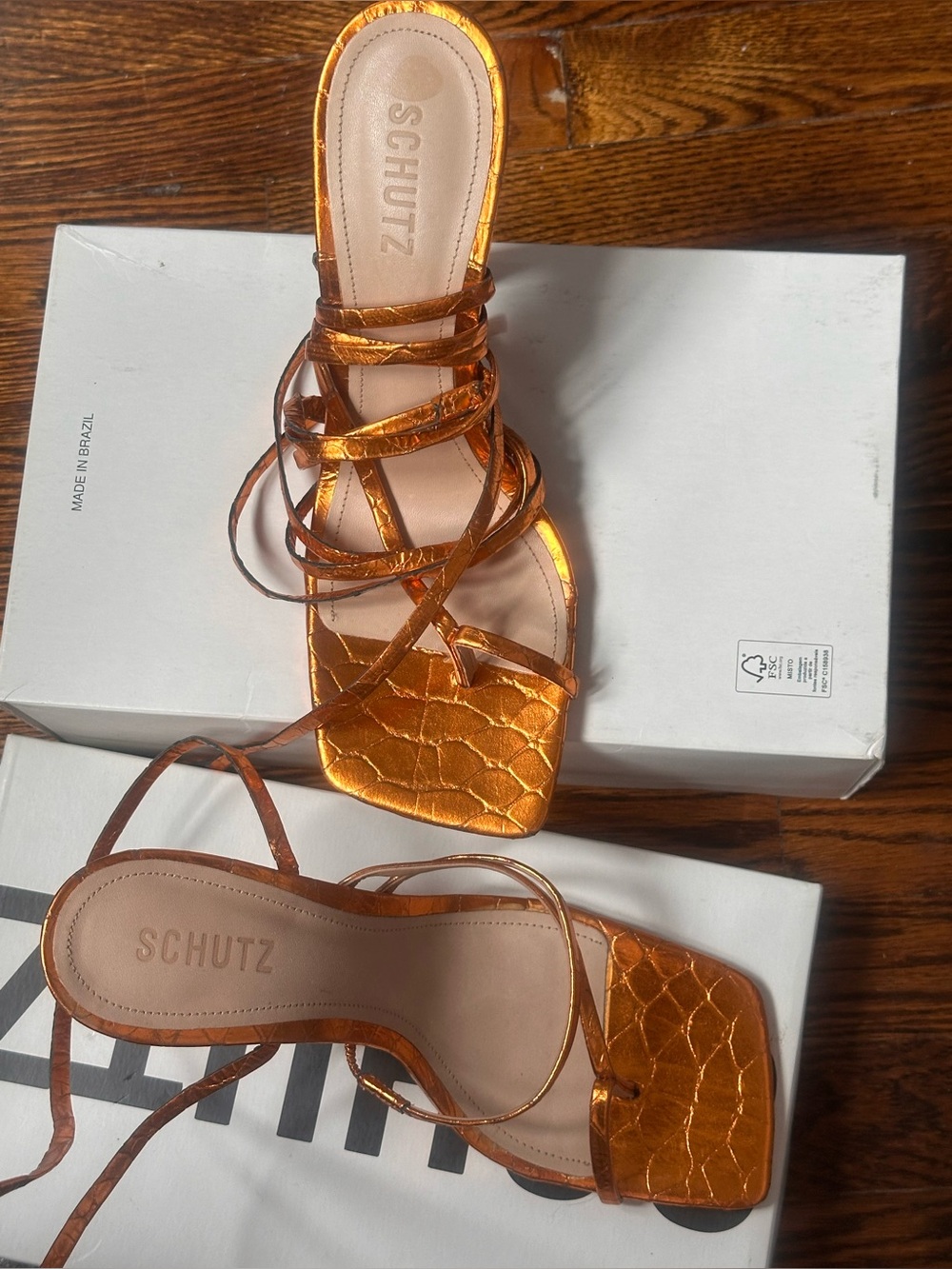 SCHUTZ Metallic Orange Lace-Up Strappy Heel